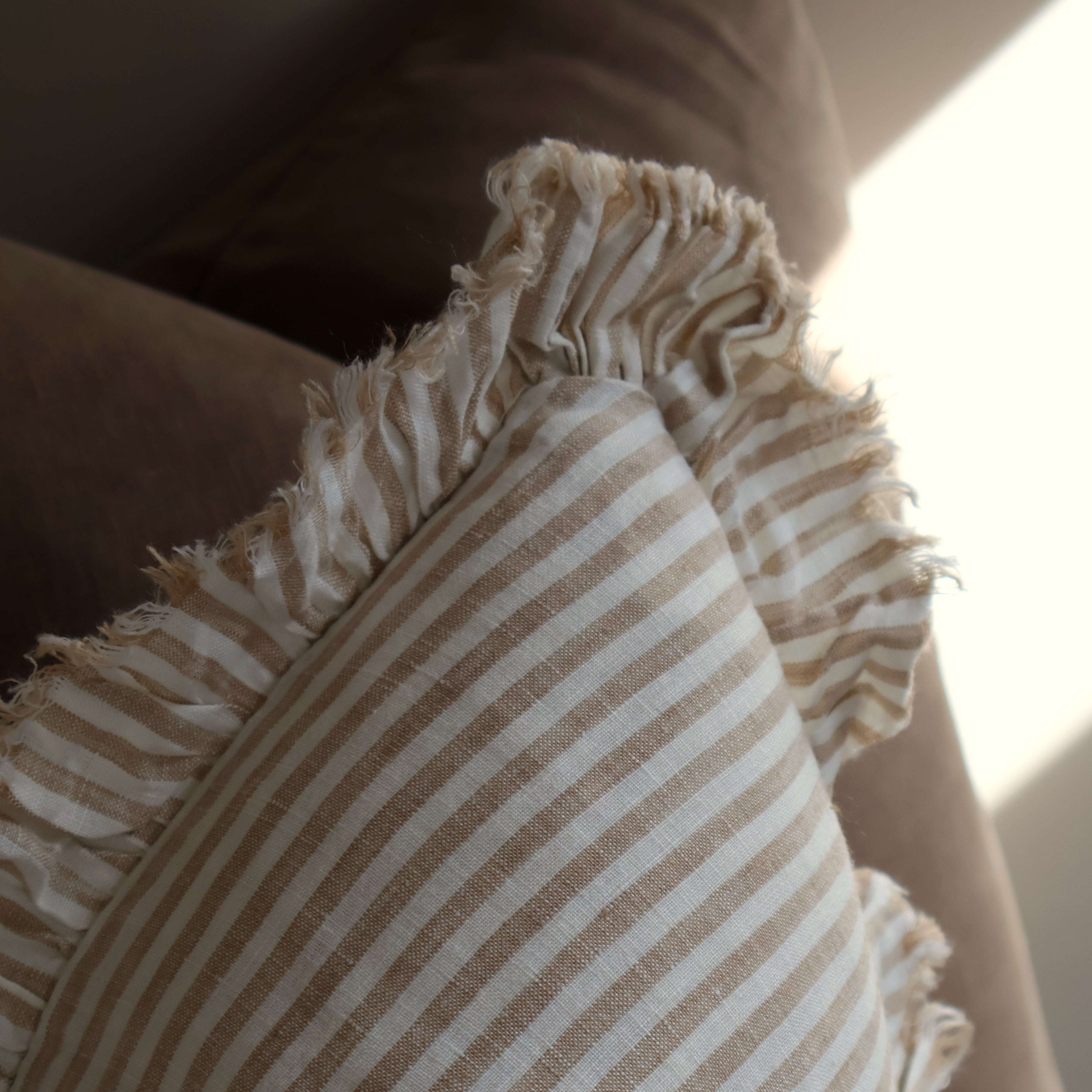 Light Brown Stripe Ruffle Cushion