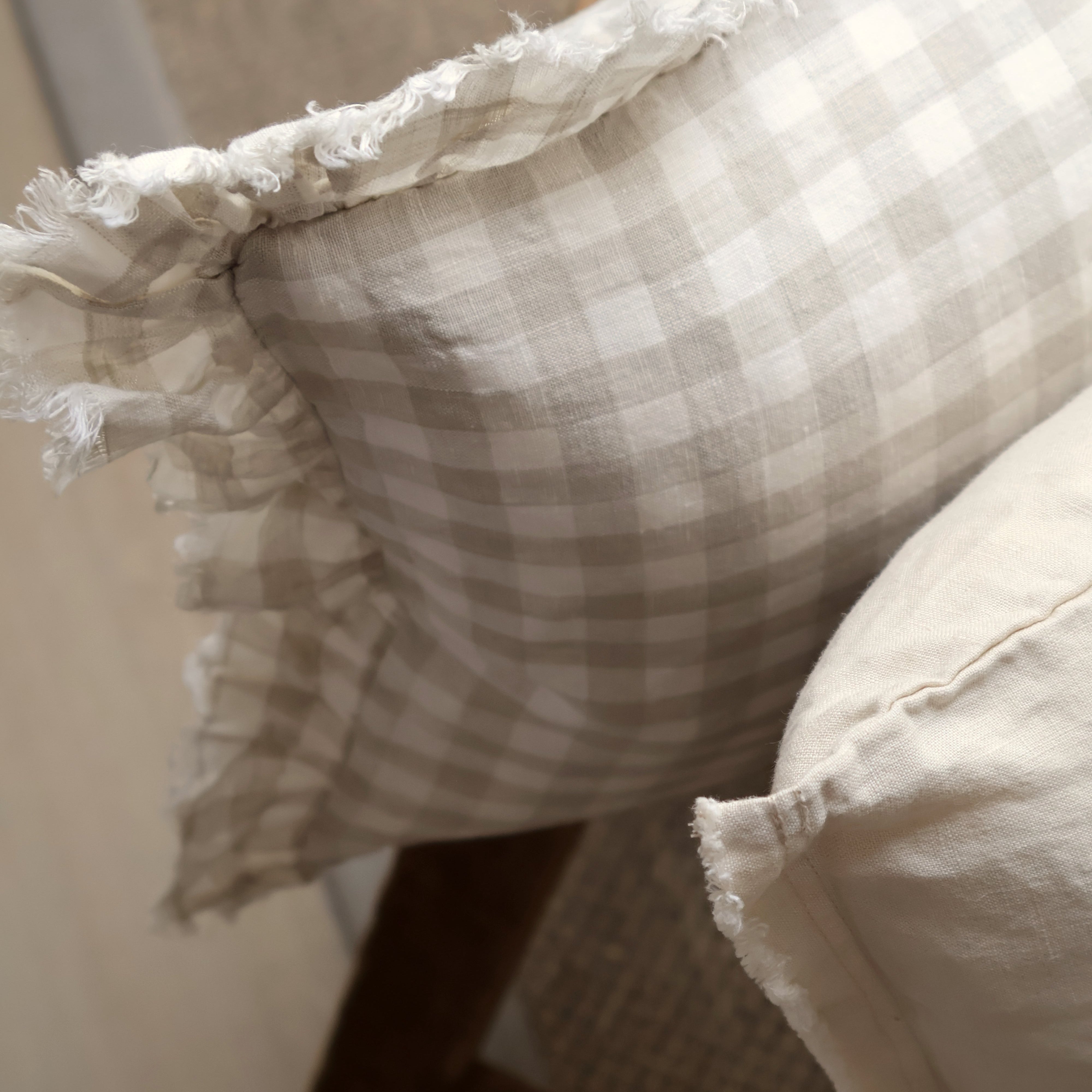 Natural Gingham Ruffle Cushion