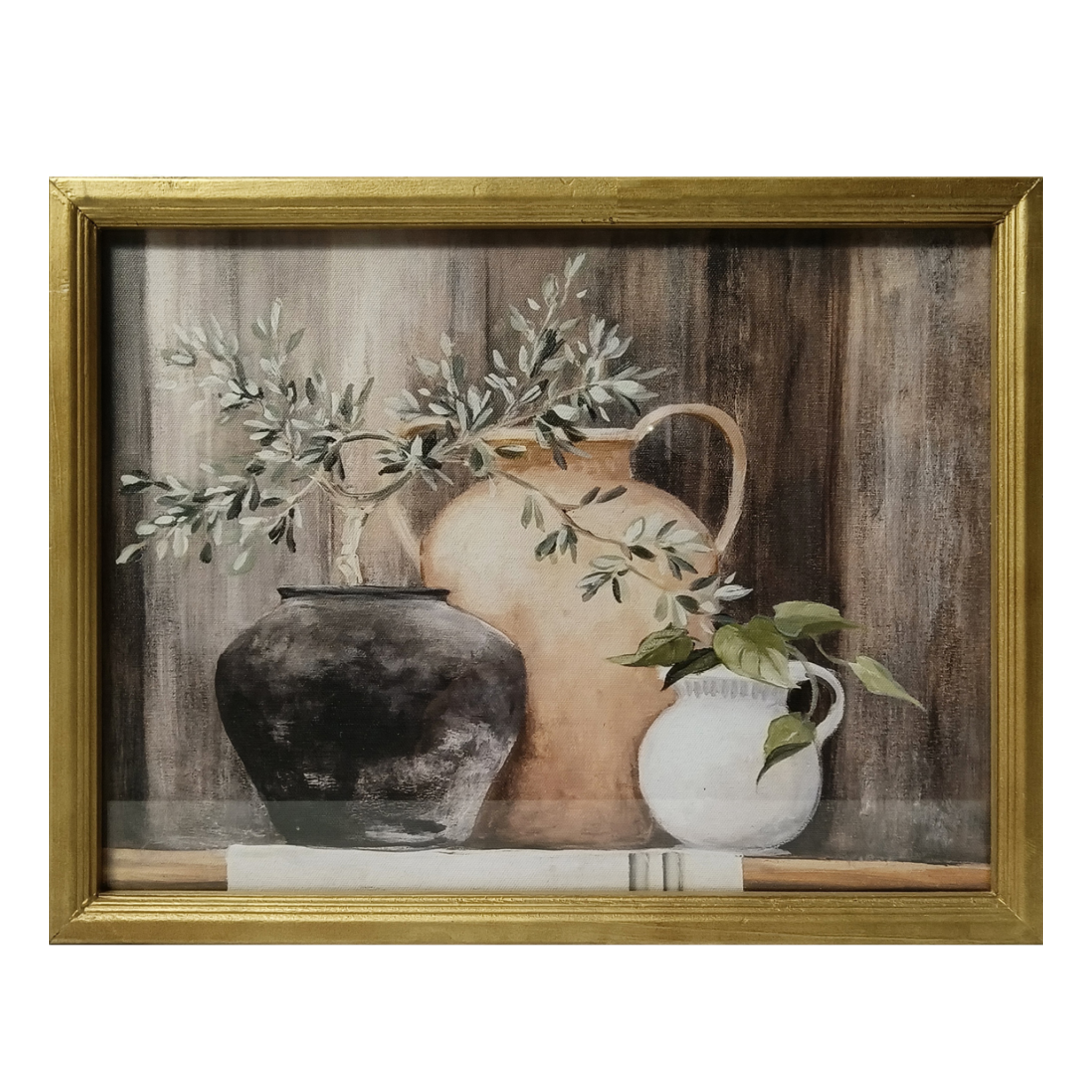 Earthen Jugs with Gathered Greens Framed Picture