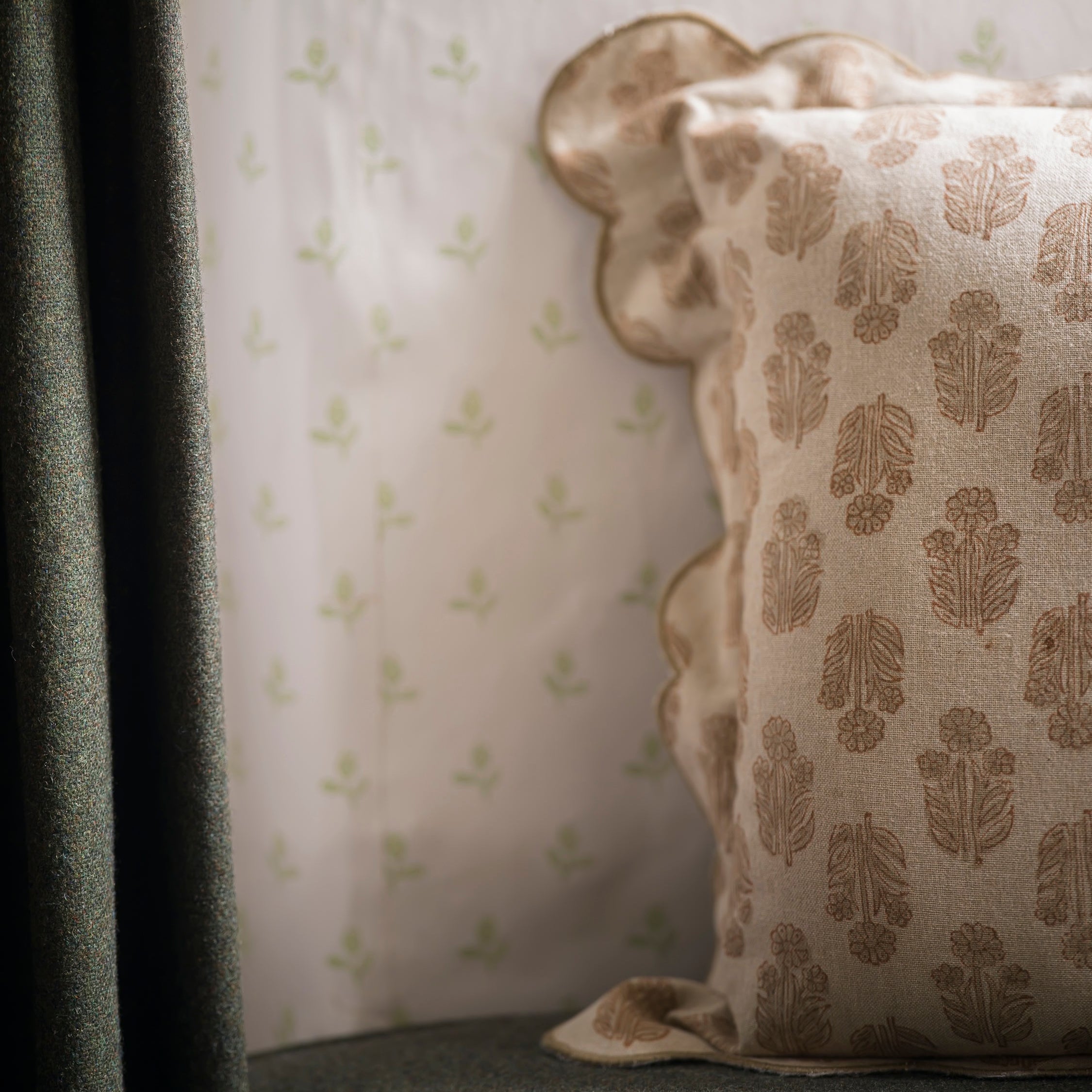 Julienne Taupe Block Print Scallop Cushion