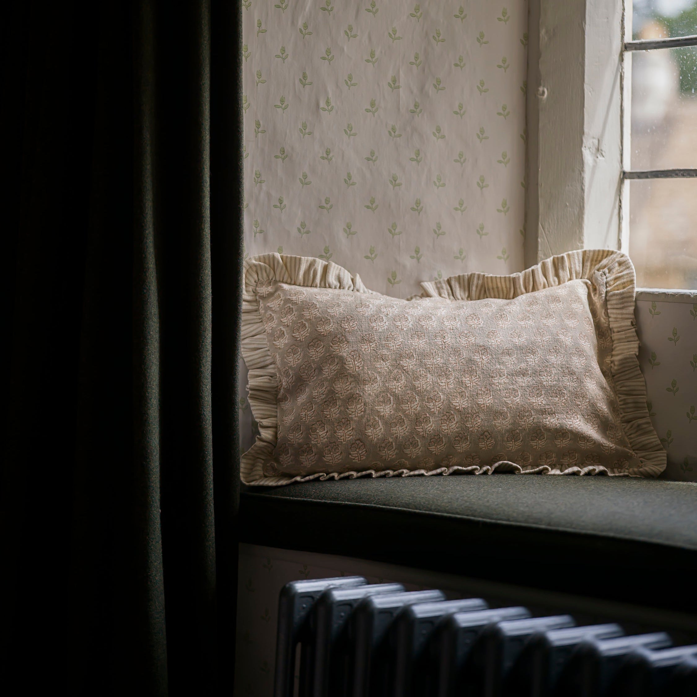 Lucienne Taupe Block Print Ruffle Cushion
