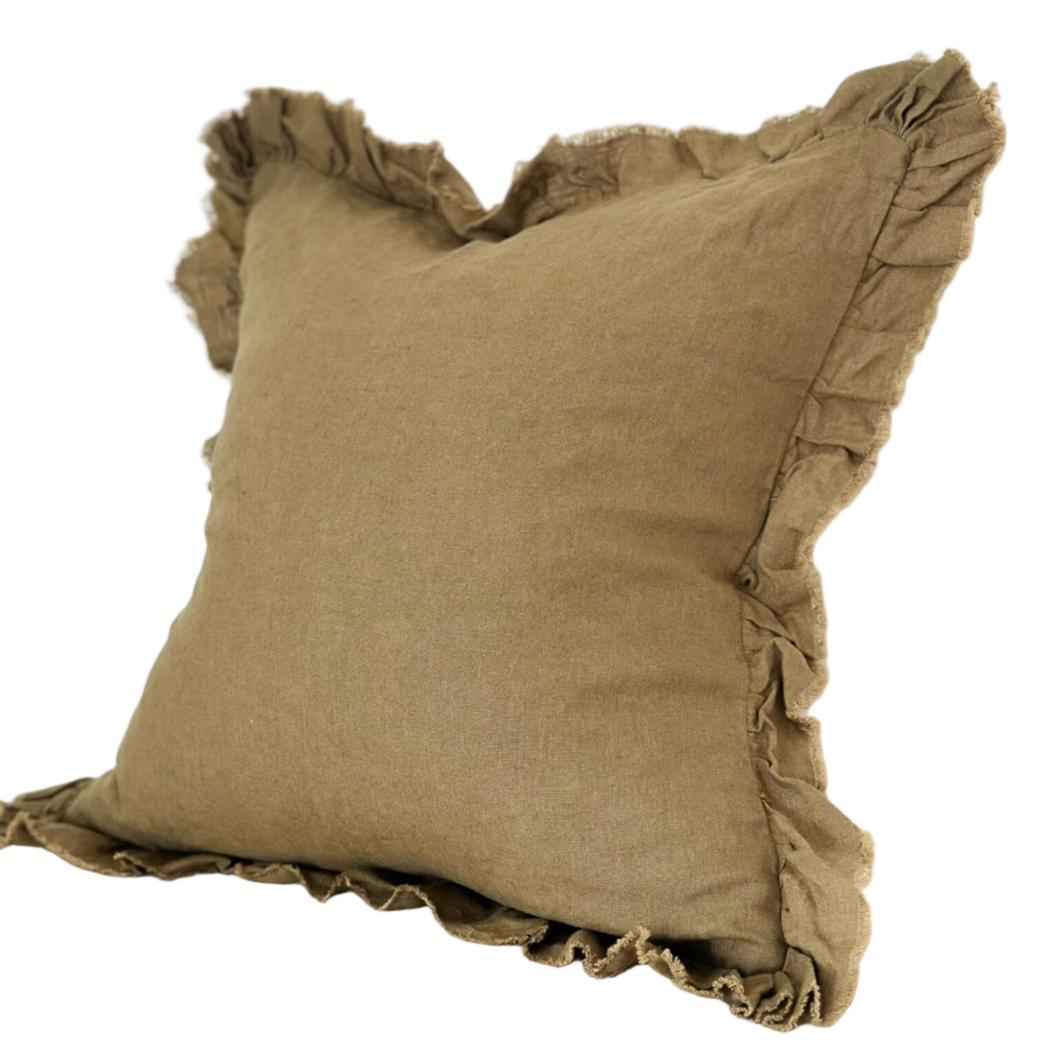 Olive Linen Ruffle Cushion 