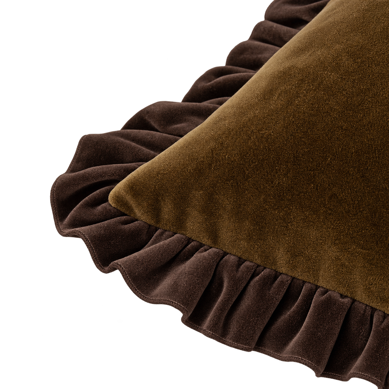 Olive Velvet Ruffle Cushion Up Close 