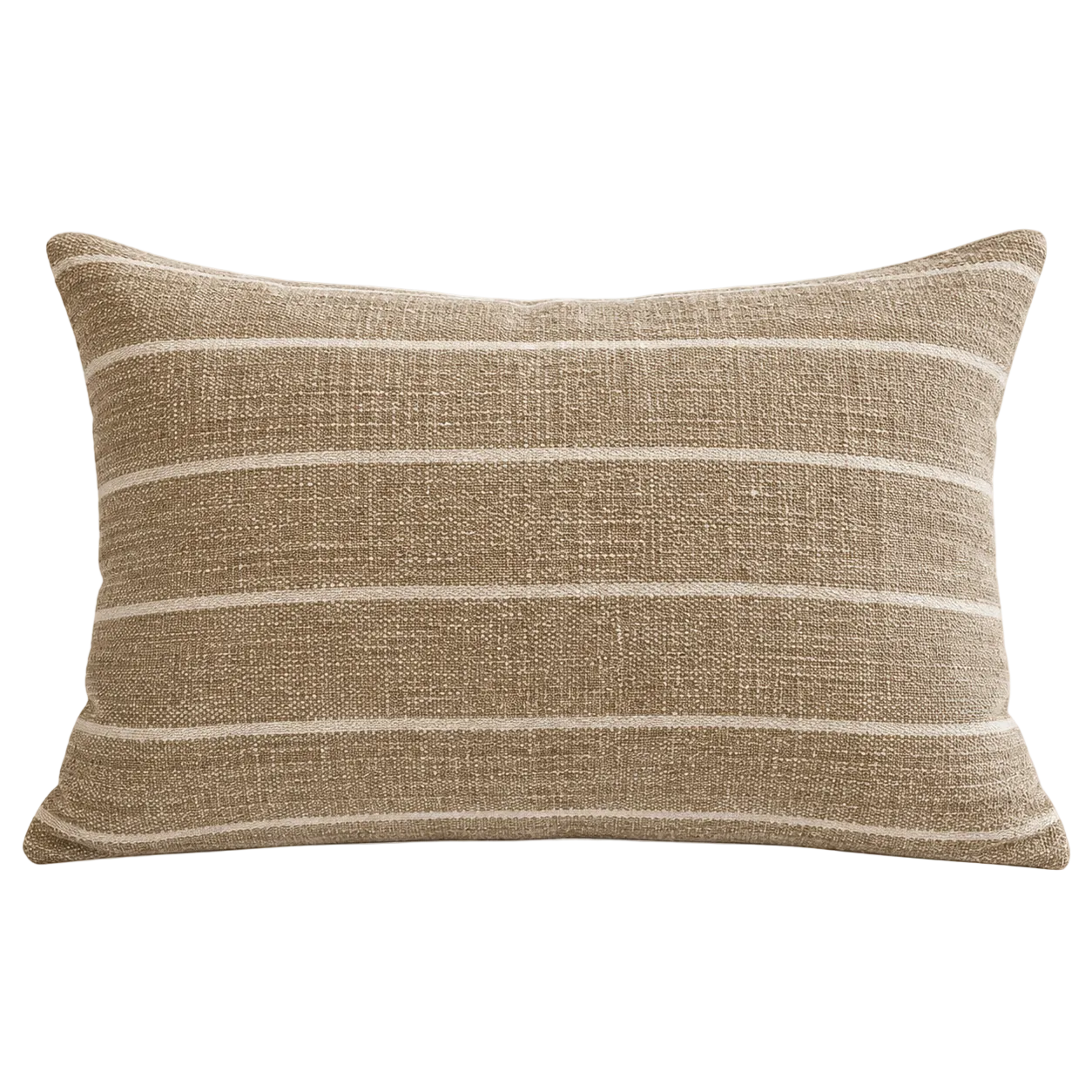 A cushion with a textured linen-like weave, featuring horizontal stripes in warm beige and off-white, shown against a plain white background.